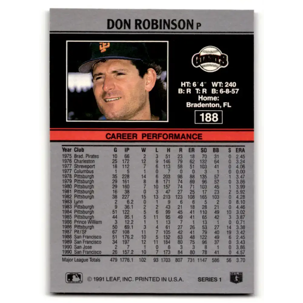 1991 Leaf #188 Don Robinson NM-MT San Francisco Giants Baseball Card - Baseball Card Single