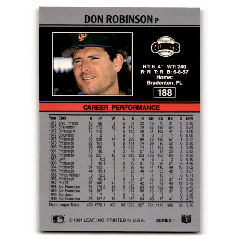 1991 Leaf #188 Don Robinson NM-MT San Francisco Giants Baseball Card - Baseball Card Single