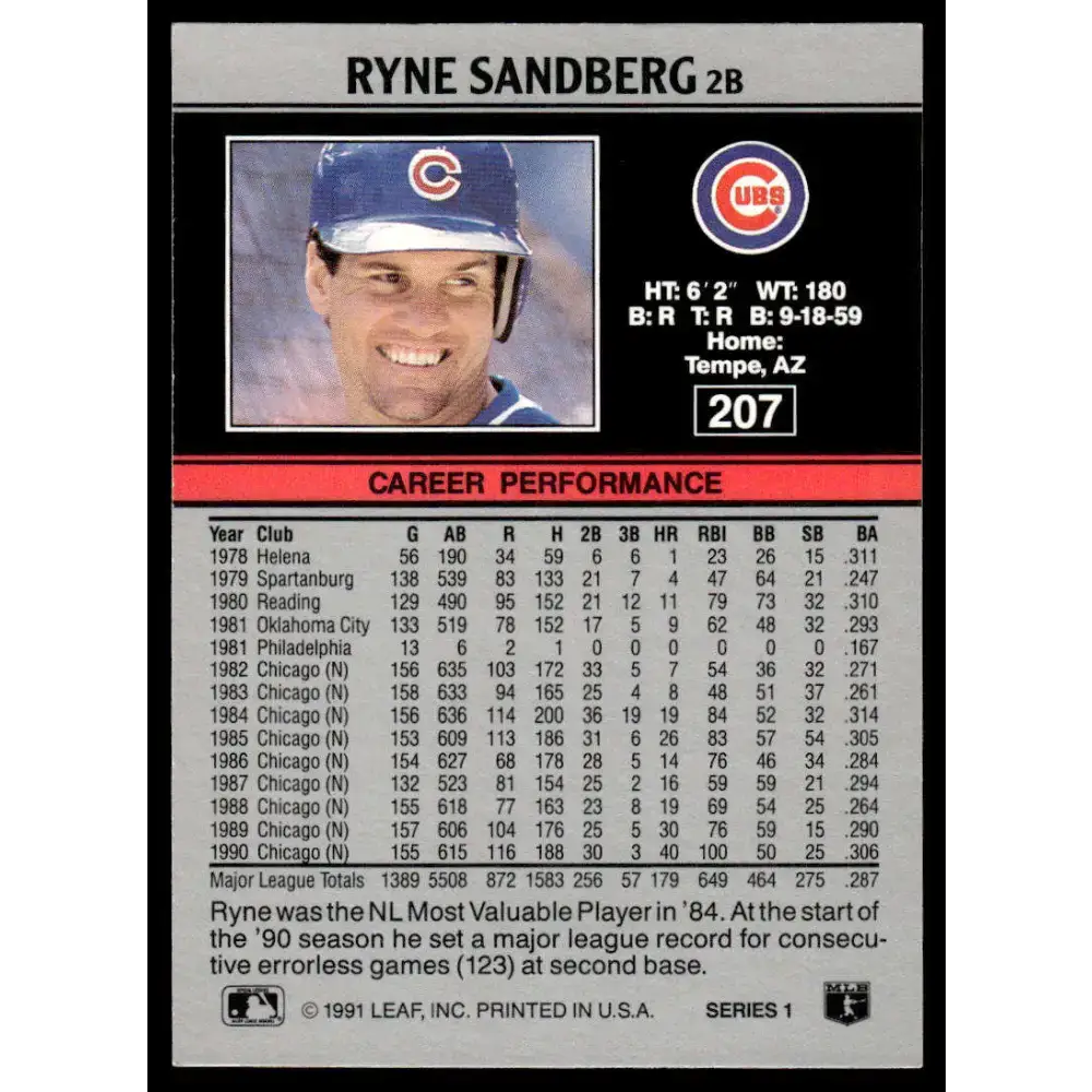 1991 Leaf #207 Ryne Sandberg EX Chicago Cubs Baseball Card - Baseball Card Single
