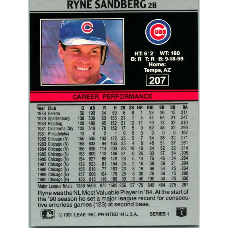 1991 Leaf #207 Ryne Sandberg NM-MT Chicago Cubs Baseball Card - Baseball Card Single
