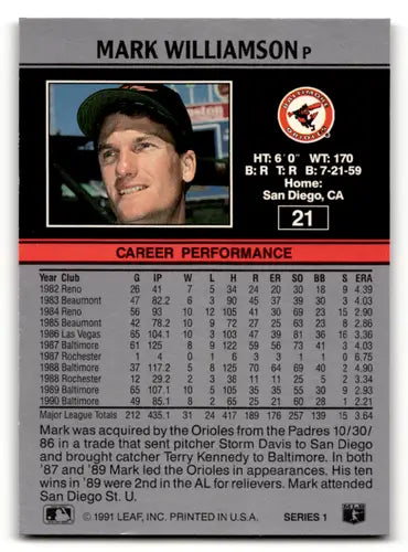1991 Leaf #21 Mark Williamson EX/NM Orioles ID:55916 - Baseball Card Single