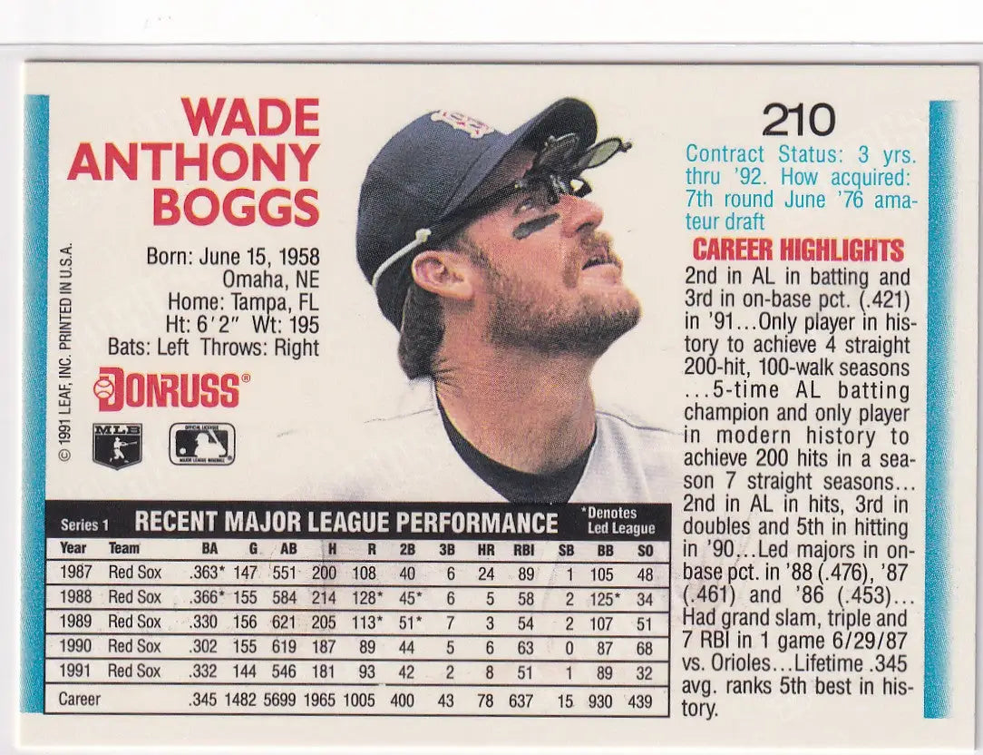 1991 LEAF #210 WADE BOGGS- BOSTON RED SOX - Baseball Card Single