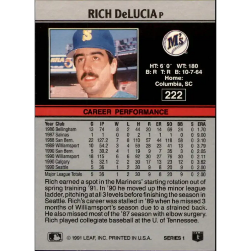 1991 Leaf #222 Rich DeLucia NM-MT RC Rookie Seattle Mariners Baseball Card - Baseball Card Single
