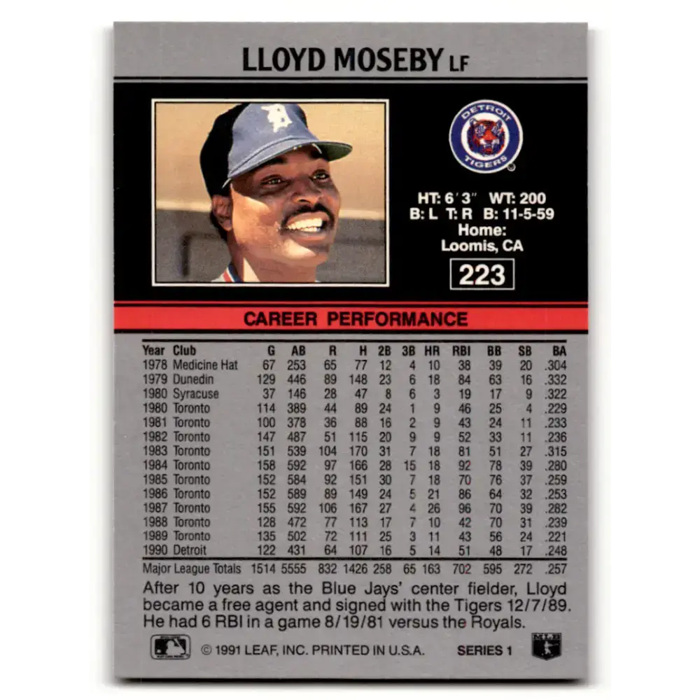 1991 Leaf #223 Lloyd Moseby NM-MT Detroit Tigers Baseball Card - Baseball Card Single