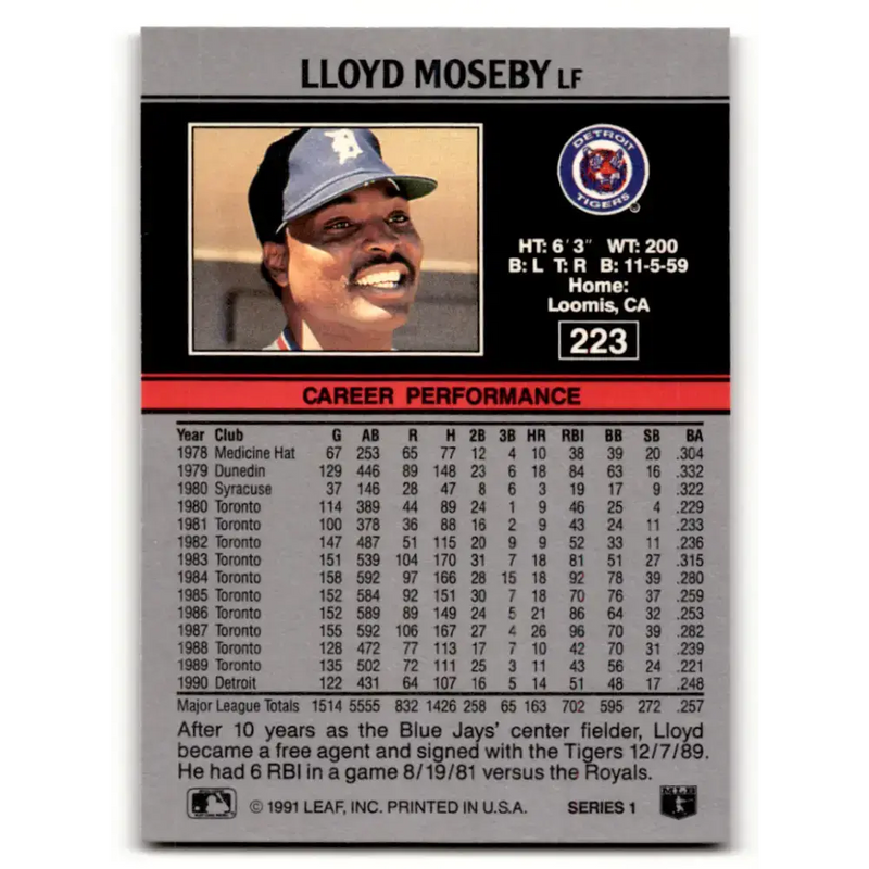 1991 Leaf #223 Lloyd Moseby NM-MT Detroit Tigers Baseball Card - Baseball Card Single