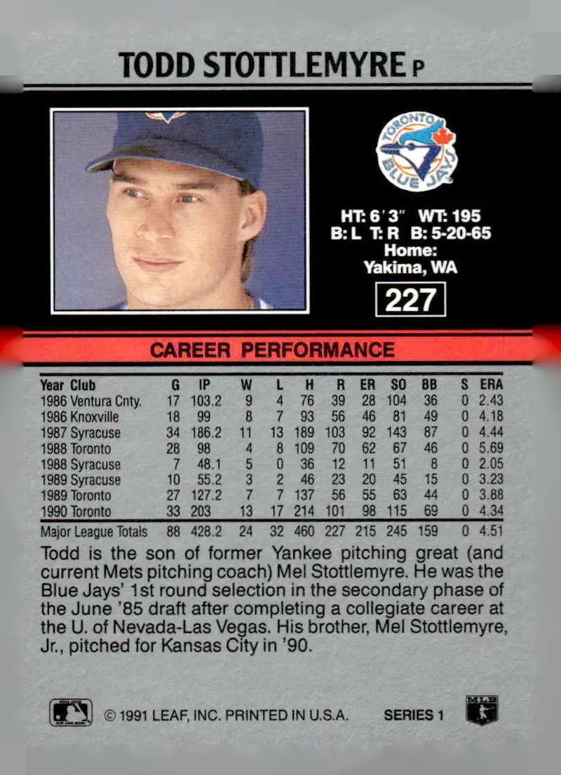 1991 Leaf #227 Todd Stottlemyre - Baseball Card Single