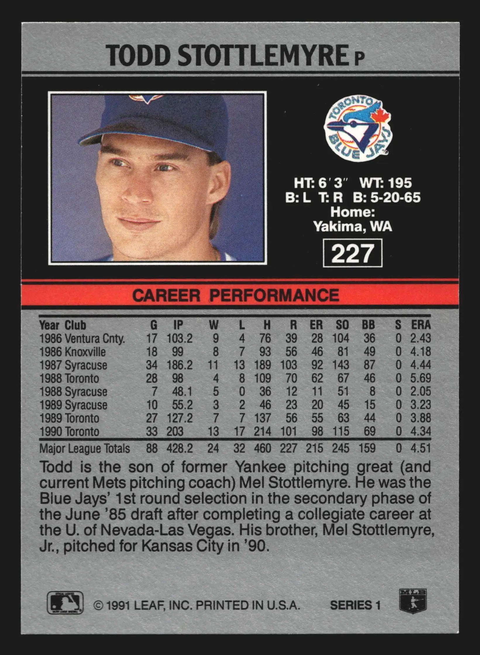 1991 Leaf #227 Todd Stottlemyre Toronto Blue Jays