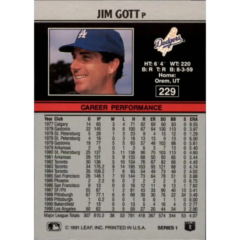 1991 Leaf #229 Jim Gott NM-MT Los Angeles Dodgers Baseball Card - Baseball Card Single