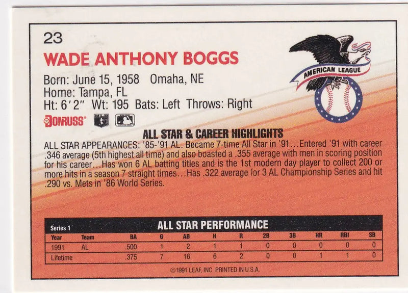 1991 LEAF #23 WADE BOGGS- BOSTON RED SOX - Baseball Card Single