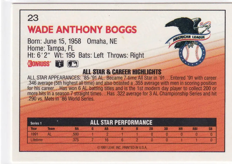 1991 LEAF #23 WADE BOGGS- BOSTON RED SOX - Baseball Card Single
