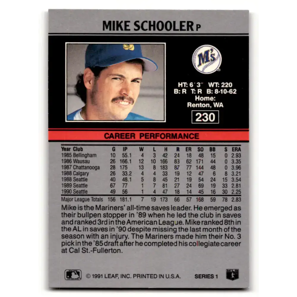 1991 Leaf #230 Mike Schooler NM-MT Seattle Mariners Baseball Card - Baseball Card Single