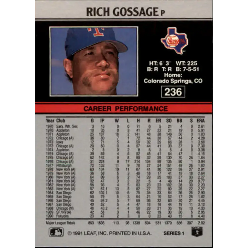 1991 Leaf #236 Rich Gossage NM-MT Texas Rangers Baseball Card - Baseball Card Single