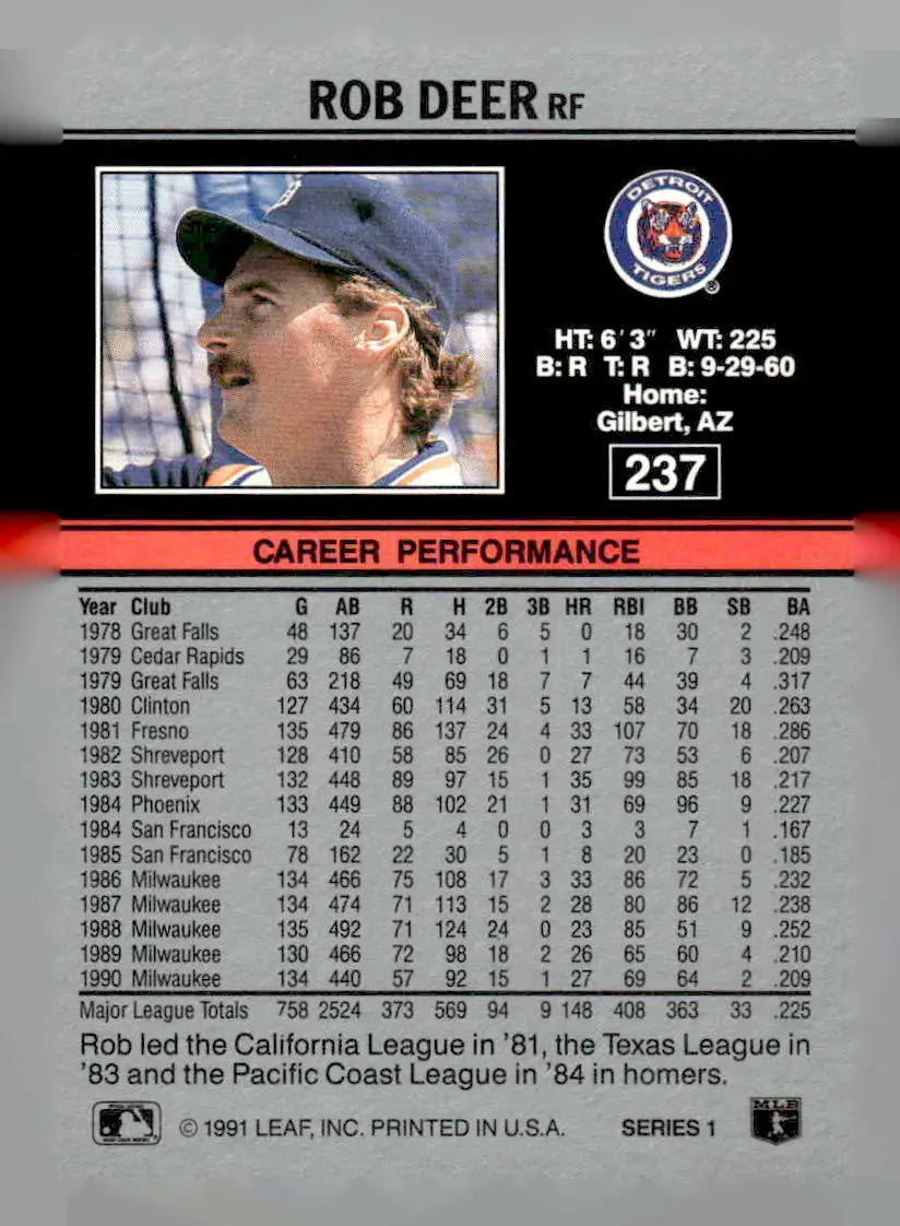 1991 Leaf #237 Rob Deer - Baseball Card Single