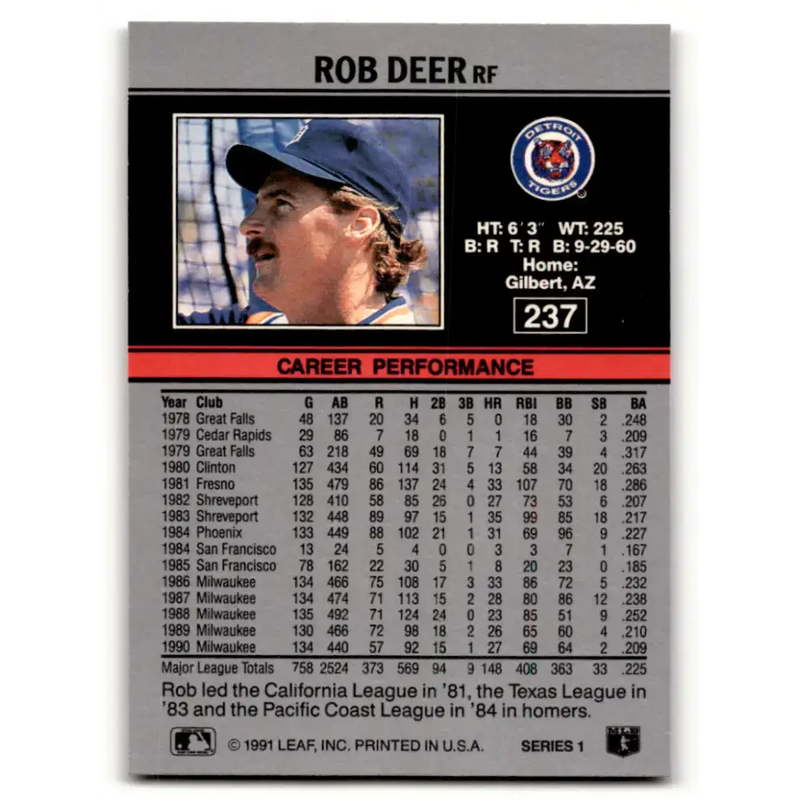 1991 Leaf #237 Rob Deer NM-MT Detroit Tigers Baseball Card - Baseball Card Single