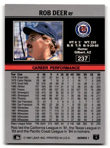 1991 Leaf #237 Rob Deer NM Near Mint Tigers ID:55900 - Baseball Card Single