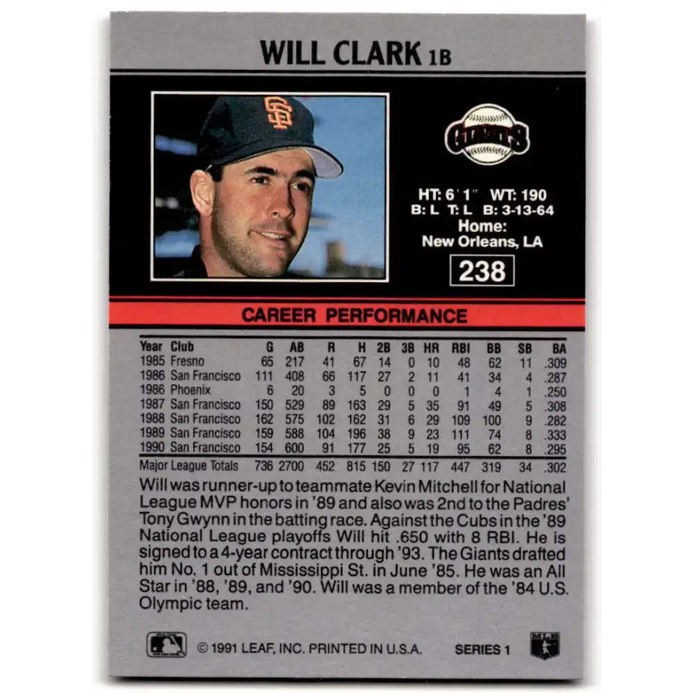 1991 Leaf #238 Will Clark NM-MT San Francisco Giants Baseball Card - Baseball Card Single