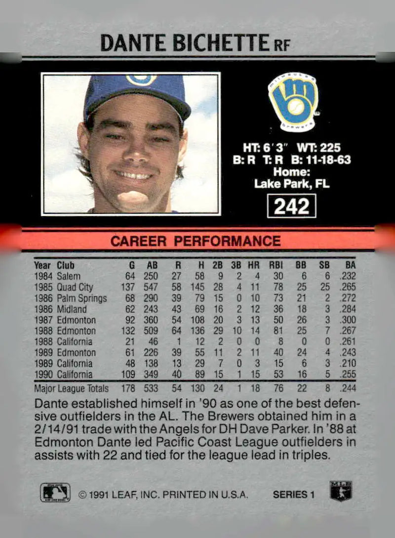1991 Leaf #242 Dante Bichette - Baseball Card Single