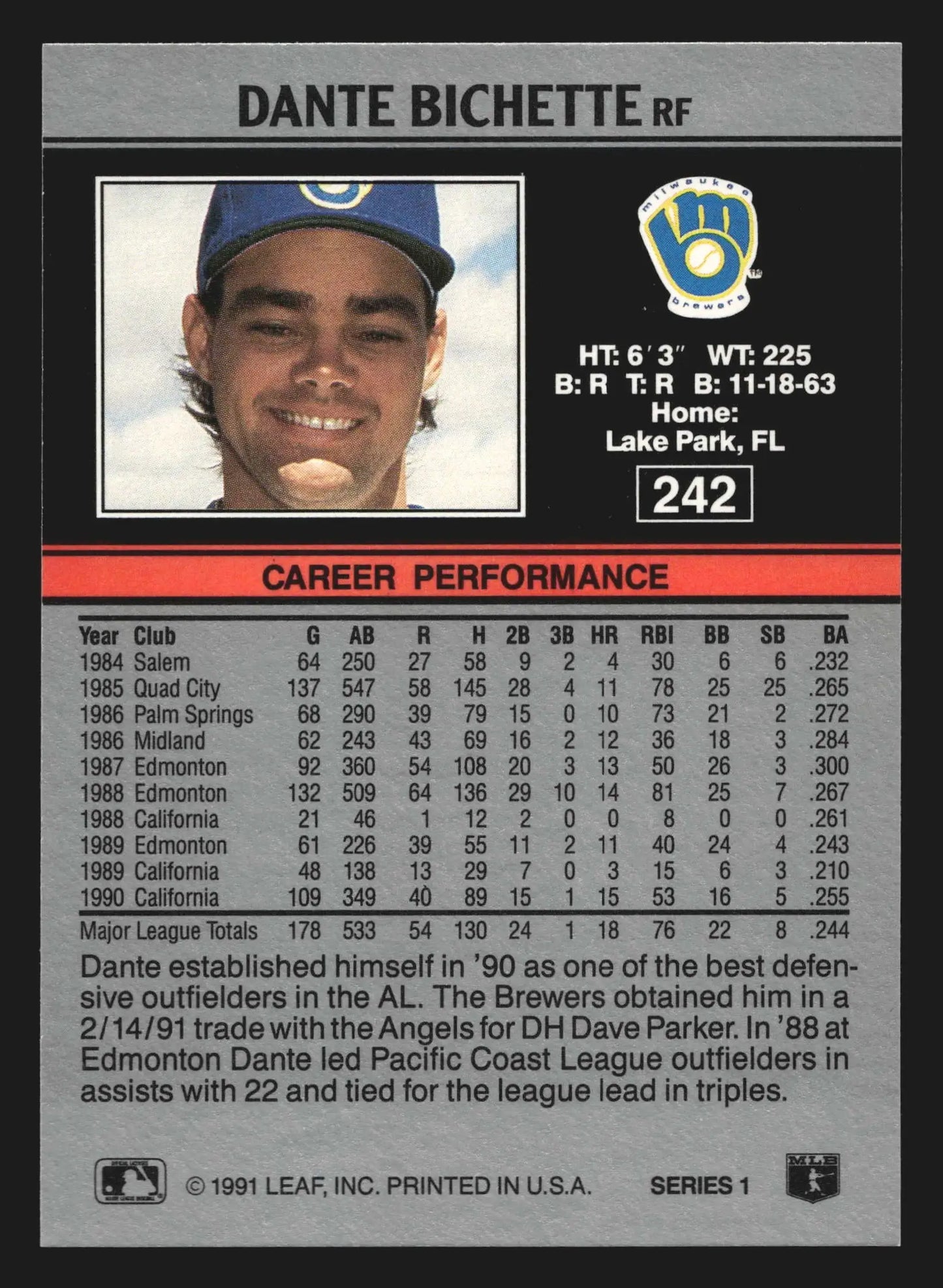 1991 Leaf #242 Dante Bichette Milwaukee Brewers - Baseball Card Single