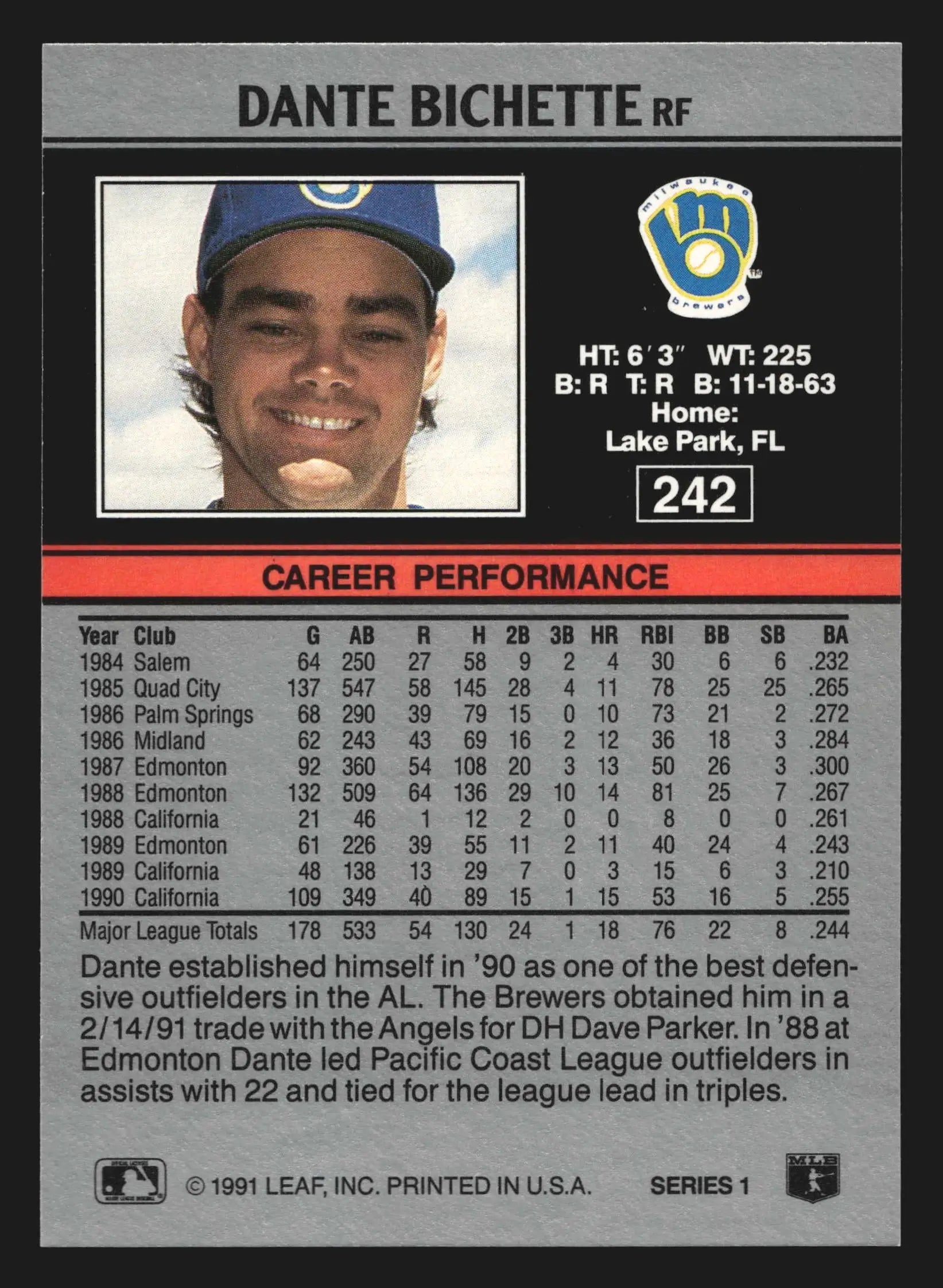 1991 Leaf #242 Dante Bichette Milwaukee Brewers - Baseball Card Single