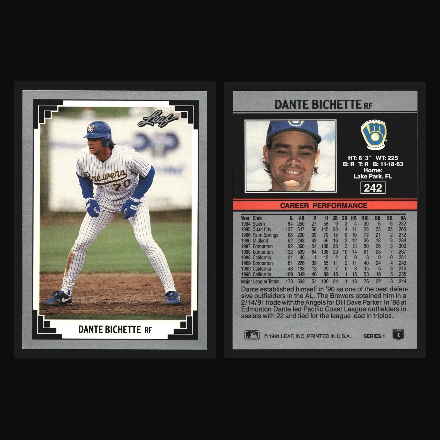 1991 Leaf #242 Dante Bichette Milwaukee Brewers - Baseball Card Single