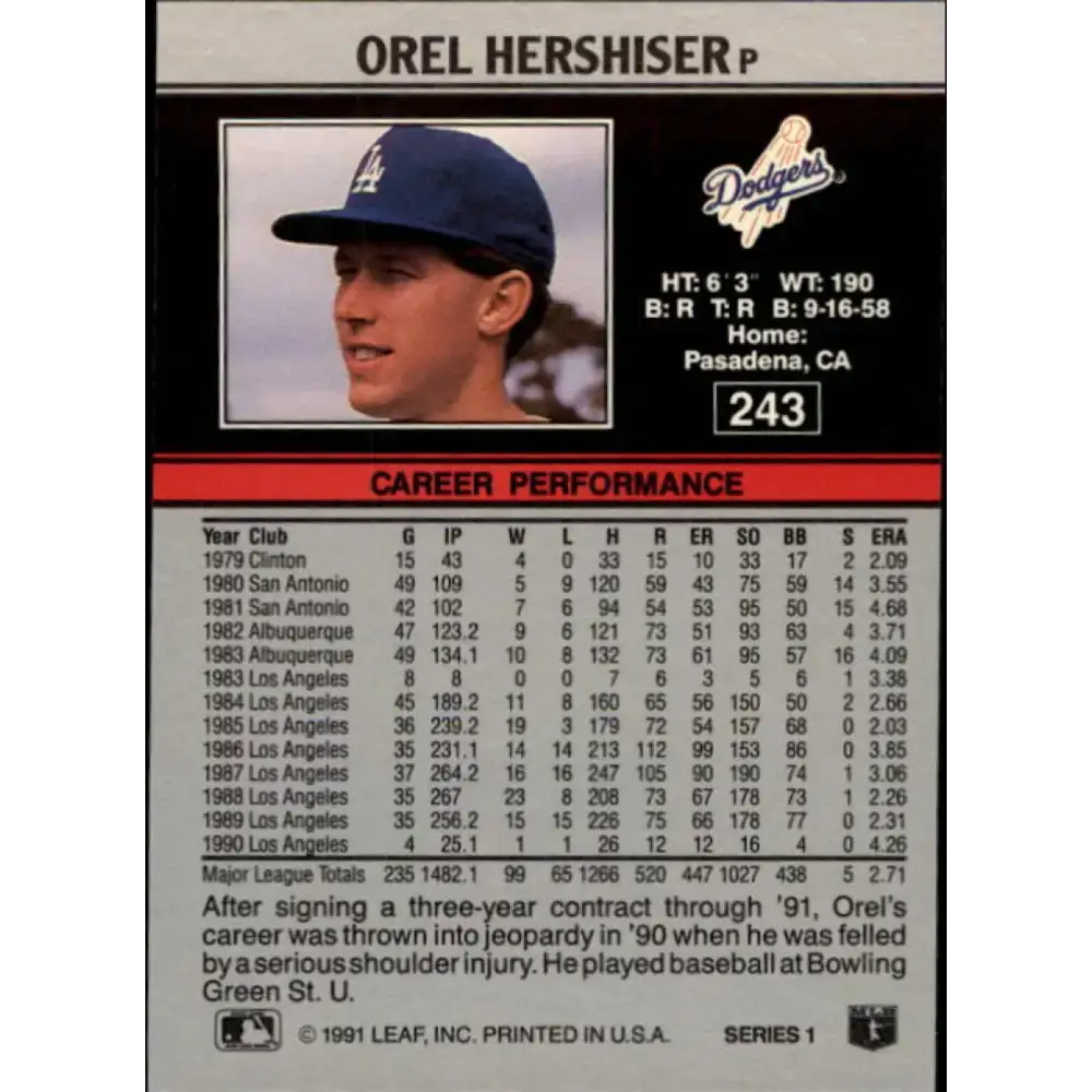 1991 Leaf #243 Orel Hershiser NM-MT Los Angeles Dodgers Baseball Card - Baseball Card Single