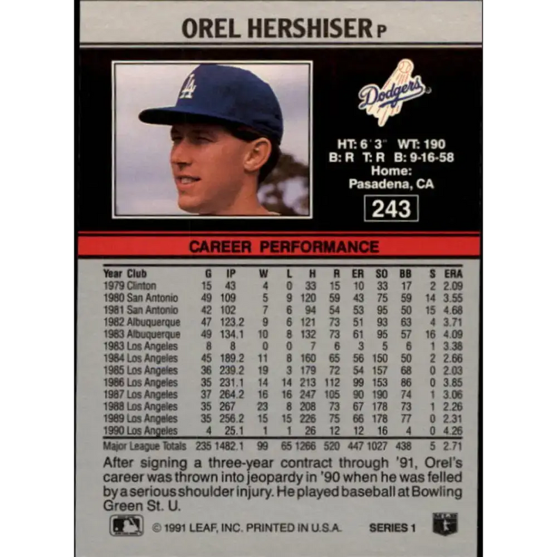 1991 Leaf #243 Orel Hershiser NM-MT Los Angeles Dodgers Baseball Card - Baseball Card Single
