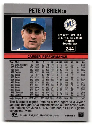 1991 Leaf #244 Pete O’Brien EX/NM Mariners ID:55899 - Baseball Card Single