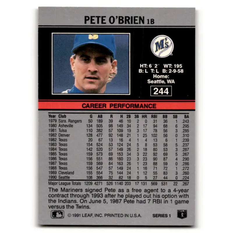 1991 Leaf #244 Pete O’Brien NM-MT Seattle Mariners Baseball Card - Baseball Card Single