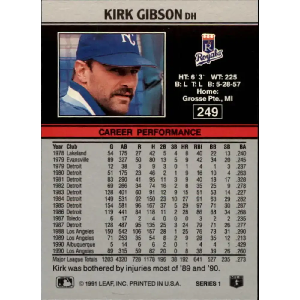 1991 Leaf #249 Kirk Gibson NM-MT Kansas City Royals Baseball Card - Baseball Card Single