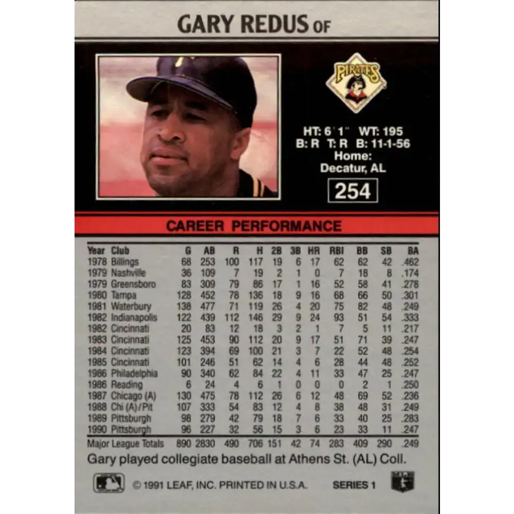 1991 Leaf #254 Gary Redus NM-MT Pittsburgh Pirates Baseball Card - Baseball Card Single