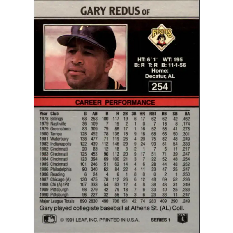 1991 Leaf #254 Gary Redus NM-MT Pittsburgh Pirates Baseball Card - Baseball Card Single