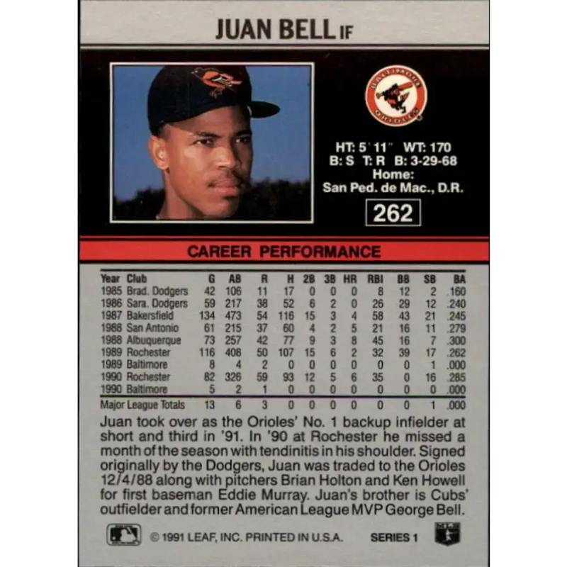 1991 Leaf #262 Juan Bell NM-MT Baltimore Orioles Baseball Card - Baseball Card Single
