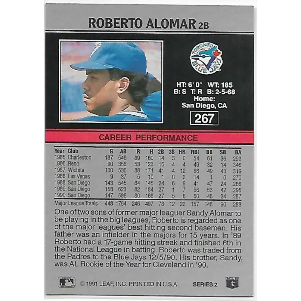1991 Leaf #267 Roberto Alomar NM-MT Toronto Blue Jays Baseball Card - Baseball Card Single