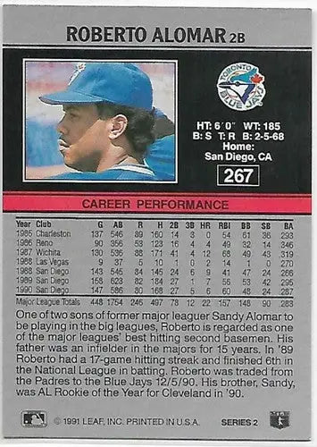 1991 Leaf #267 Roberto Alomar NM Near Mint Blue Jays - Baseball Card Single
