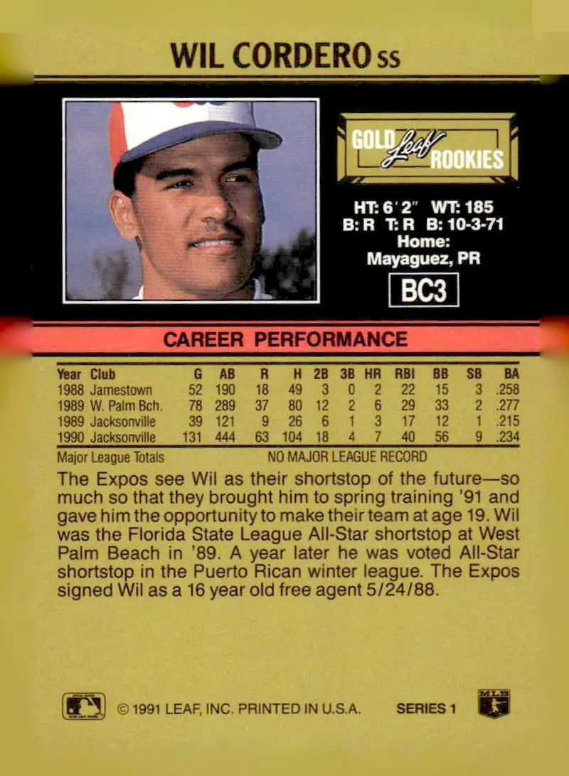 1991 Leaf #267 Wil Cordero Gold Rookies Numbered Variations - Baseball Card Single