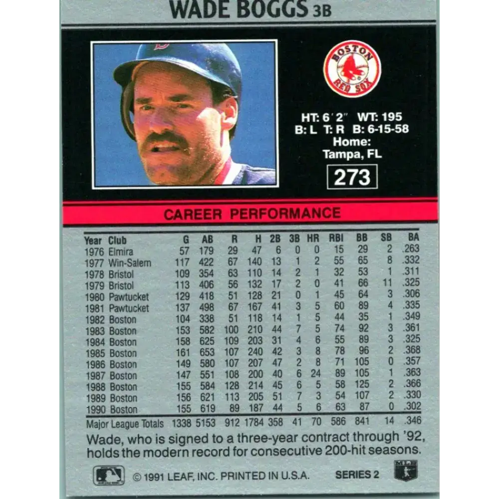 1991 Leaf #273 Wade Boggs NM-MT Boston Red Sox Baseball Card - Baseball Card Single