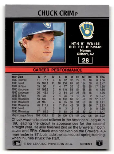 1991 Leaf #28 Chuck Crim EX/NM Brewers ID:55915 - Baseball Card Single