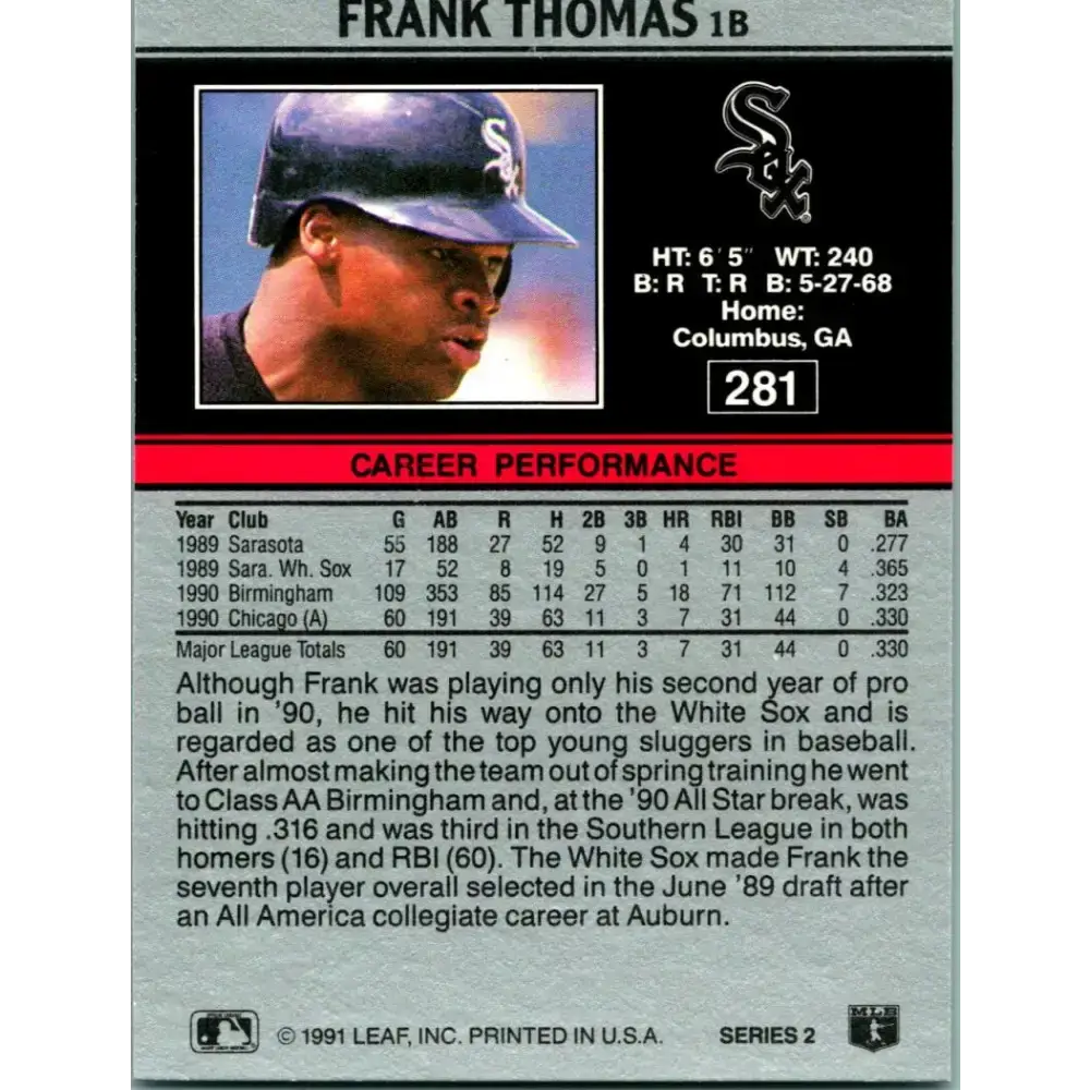 1991 Leaf #281 Frank Thomas NM-MT Chicago White Sox Baseball Card - Baseball Card Single