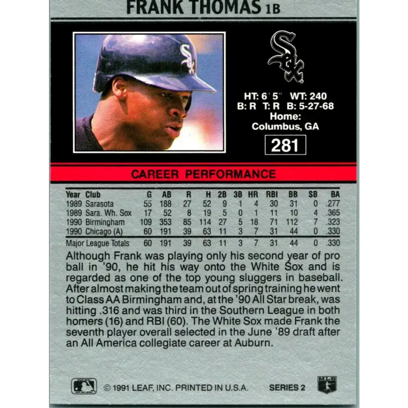 1991 Leaf #281 Frank Thomas NM-MT Chicago White Sox Baseball Card - Baseball Card Single