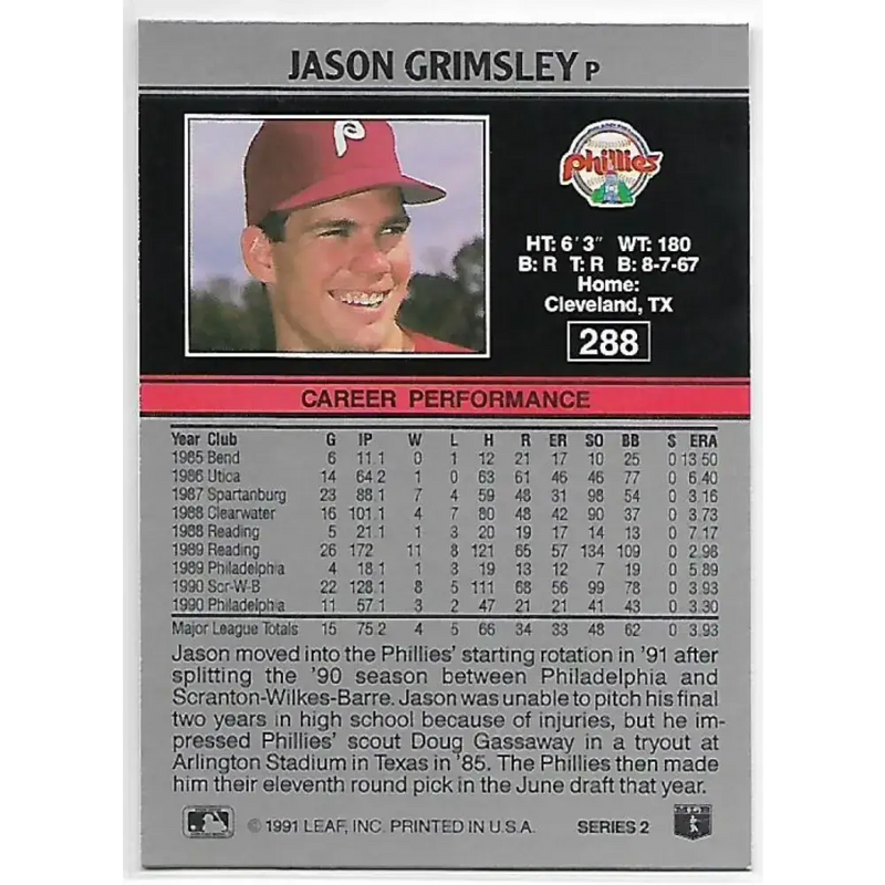 1991 Leaf #288 Jason Grimsley NM-MT Philadelphia Phillies Baseball Card - Baseball Card Single