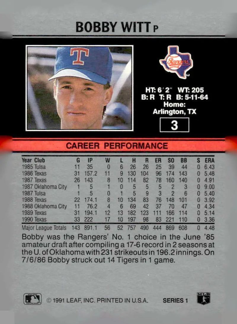 1991 Leaf #3 Bobby Witt - Baseball Card Single