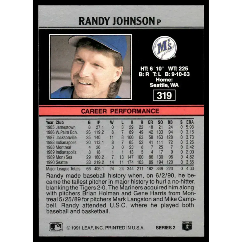 1991 Leaf #319 Randy Johnson NM-MT Seattle Mariners Baseball Card - Baseball Card Single