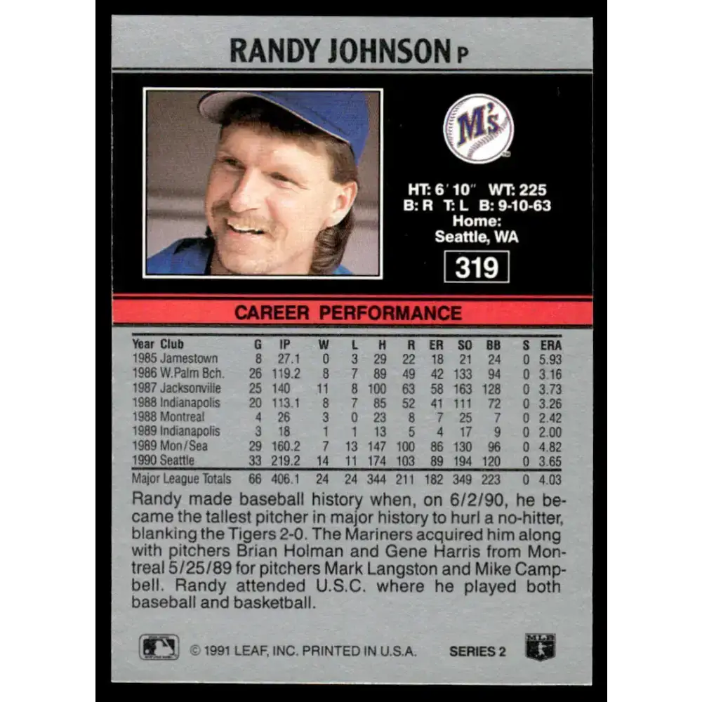 1991 Leaf #319 Randy Johnson NM-MT Seattle Mariners Baseball Card - Baseball Card Single