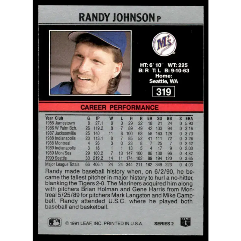 1991 Leaf #319 Randy Johnson NM-MT Seattle Mariners Baseball Card - Baseball Card Single
