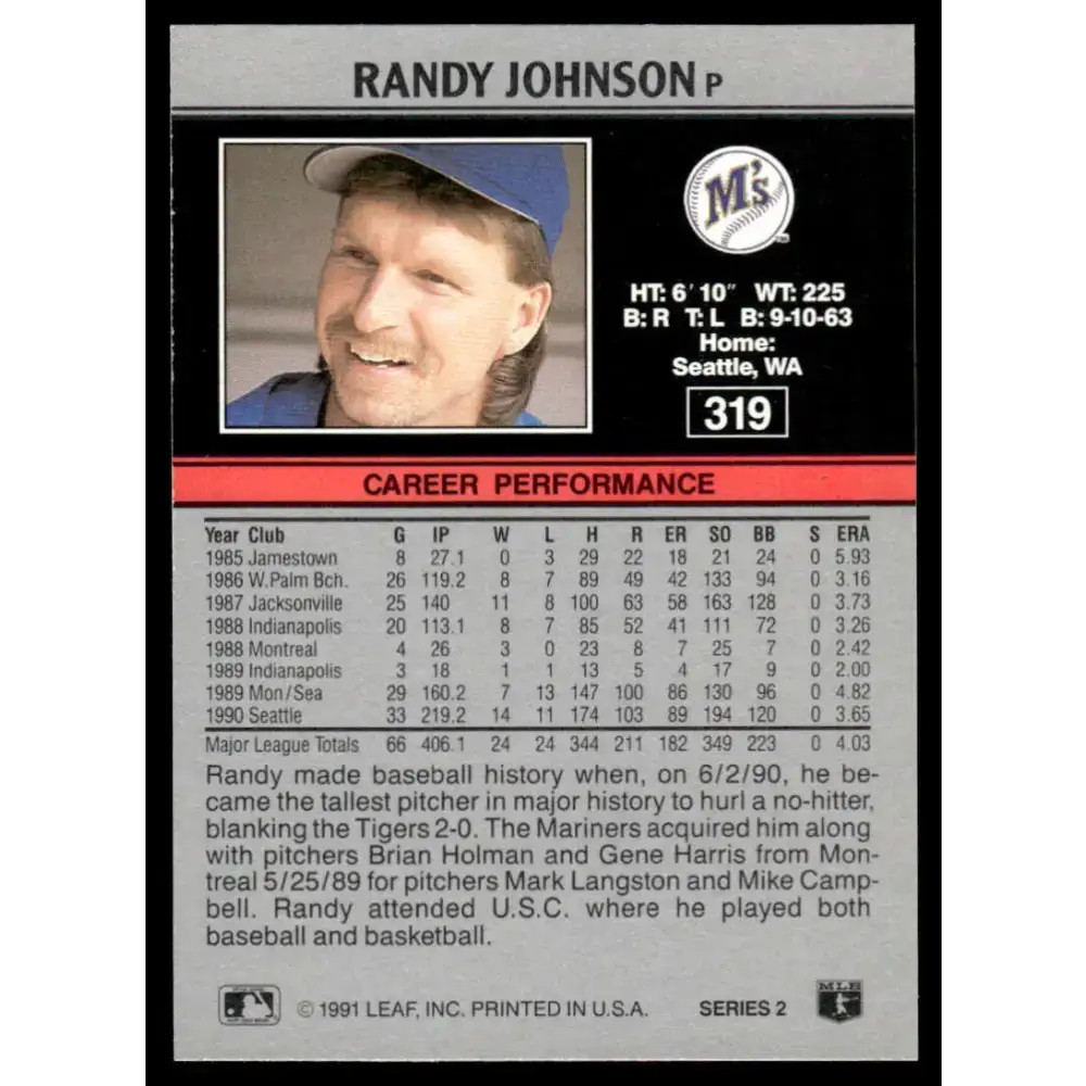 1991 Leaf #319 Randy Johnson NM-MT Seattle Mariners Baseball Card - Baseball Card Single