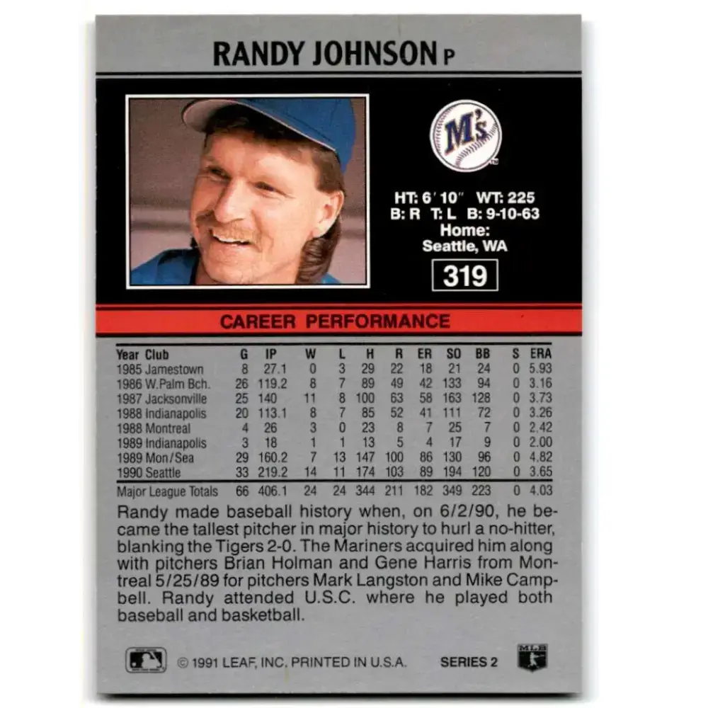 1991 Leaf #319 Randy Johnson NM-MT Seattle Mariners Baseball Card - Baseball Card Single