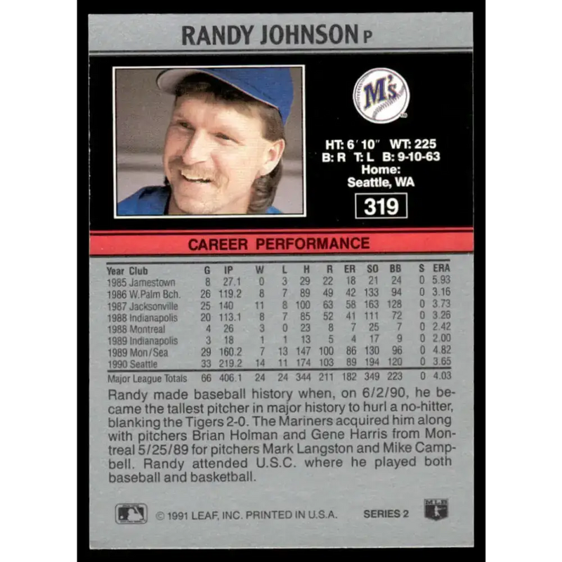 1991 Leaf #319 Randy Johnson NM-MT Seattle Mariners Baseball Card - Baseball Card Single