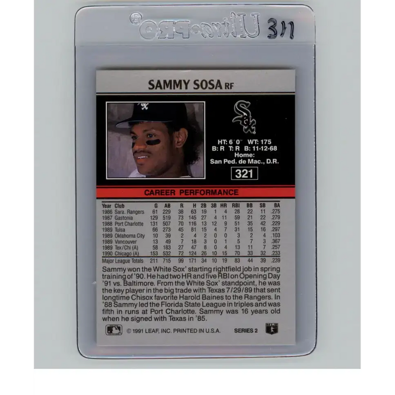1991 Leaf #321 Sammy Sosa NM-MT Chicago White Sox Baseball Card - Baseball Card Single