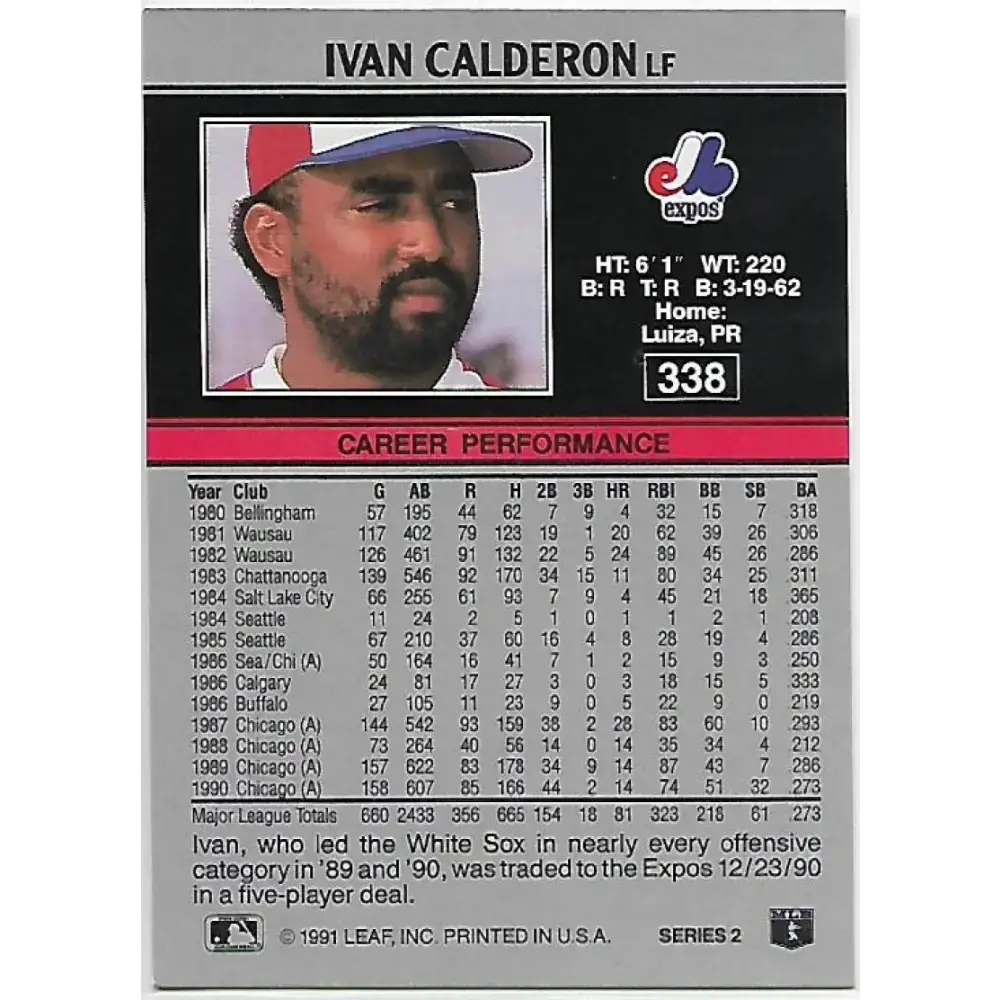 1991 Leaf #338 Ivan Calderon NM-MT Montreal Expos Baseball Card - Baseball Card Single