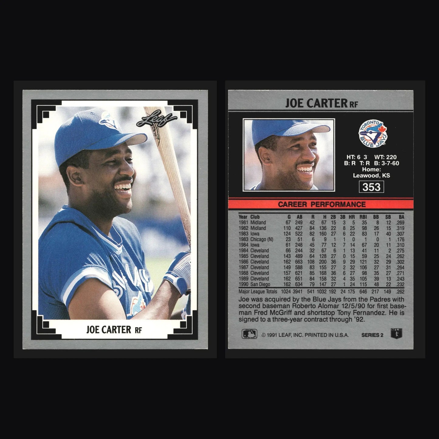 1991 Leaf #353 Joe Carter Toronto Blue Jays